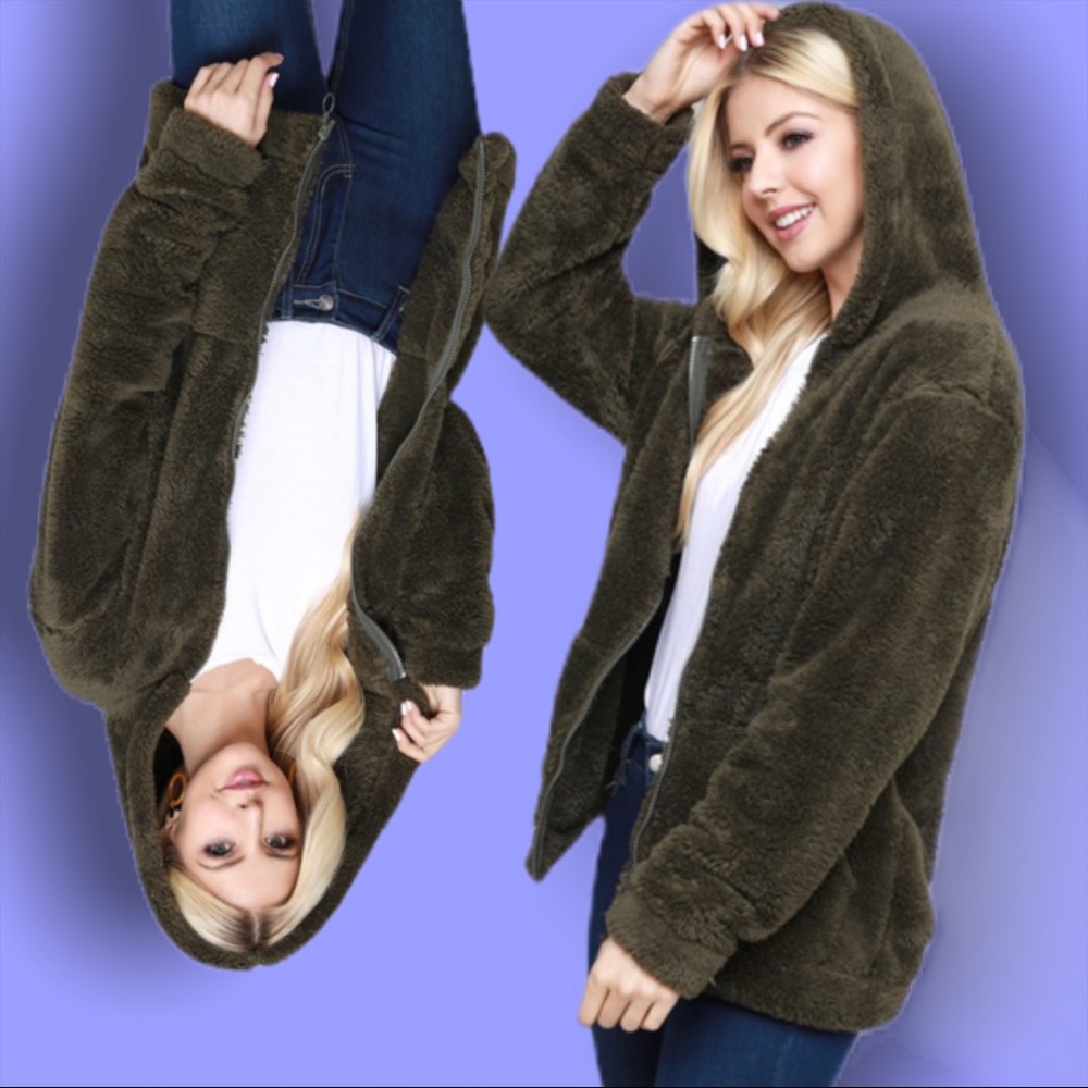 Plush Faux Fur Soft Wine Teddy Bear Zipper Jacket - Picture 3 of 4